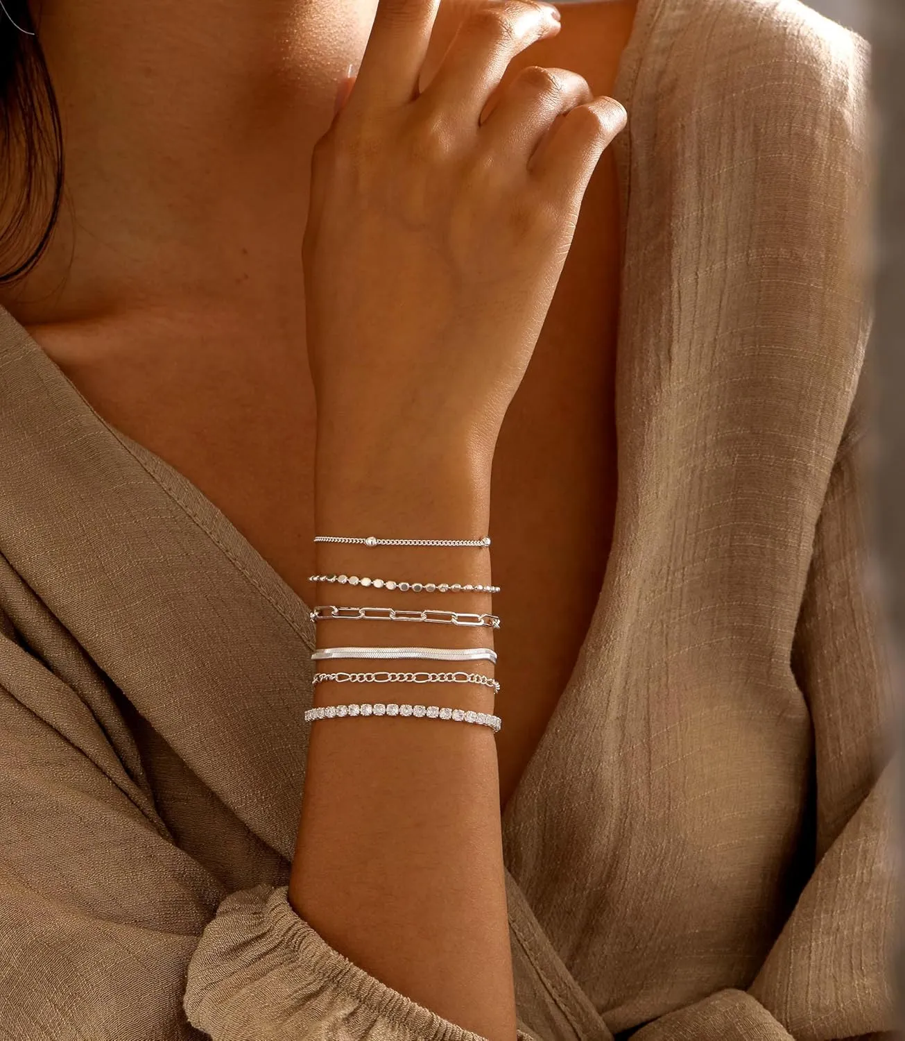 DEARMAY Silver Bracelets Set for Women Trendy, Dainty 925 Sterling Silver Plated Jewelry Fashion Stackable Tennis Beaded Figaro Herringbone Paperclip Link Bracelet Pack Stack Gifts for Women