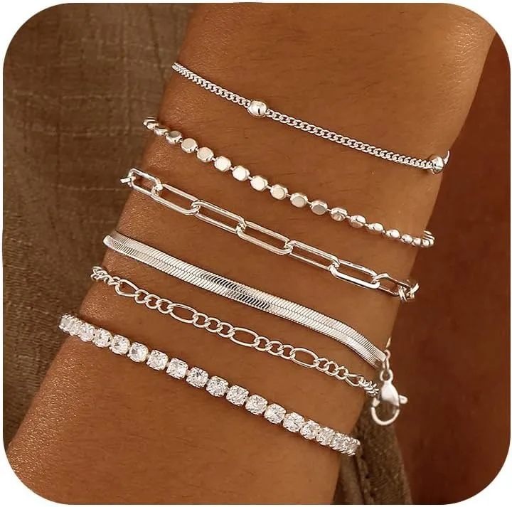 DEARMAY Silver Bracelets Set for Women Trendy, Dainty 925 Sterling Silver Plated Jewelry Fashion Stackable Tennis Beaded Figaro Herringbone Paperclip Link Bracelet Pack Stack Gifts for Women