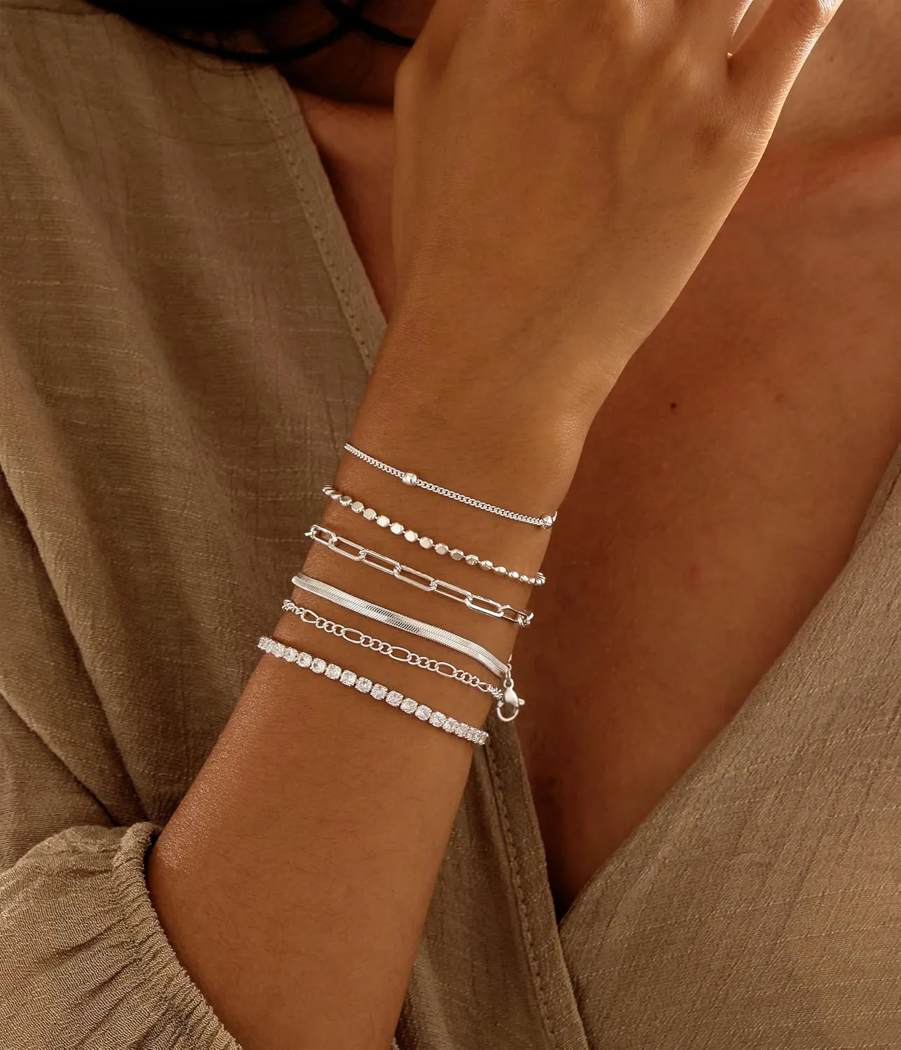 DEARMAY Silver Bracelets Set for Women Trendy, Dainty 925 Sterling Silver Plated Jewelry Fashion Stackable Tennis Beaded Figaro Herringbone Paperclip Link Bracelet Pack Stack Gifts for Women