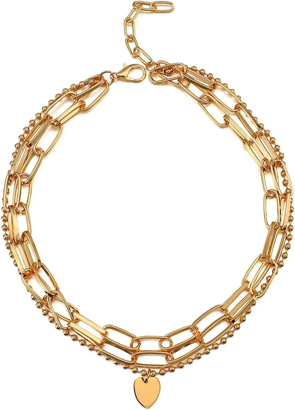 DELURA Necklaces Fashion Necklaces Punk 3PC Gold Color Metal Chain Heart Love Pendant Choker Necklaces for Women Statement Jewelry Collar Bijoux Wholesale Hot Necklaces