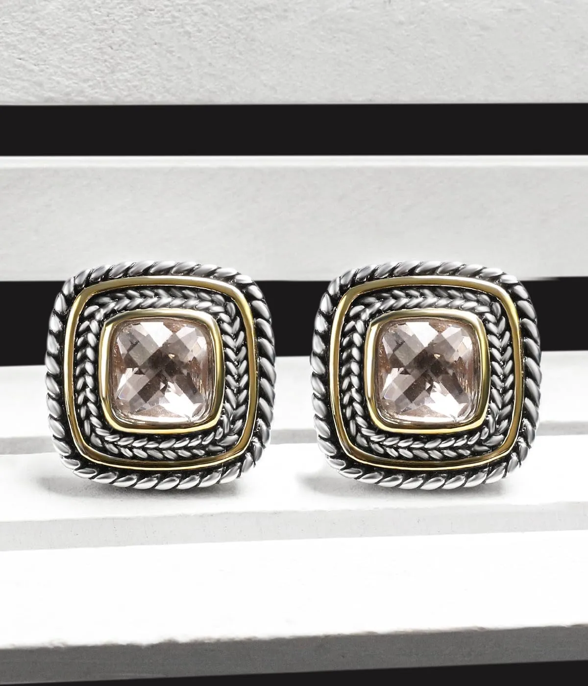 Designer Inspired Two Toned Cable Cubic Zirconia Earrings Studs for Women Trendy Gift