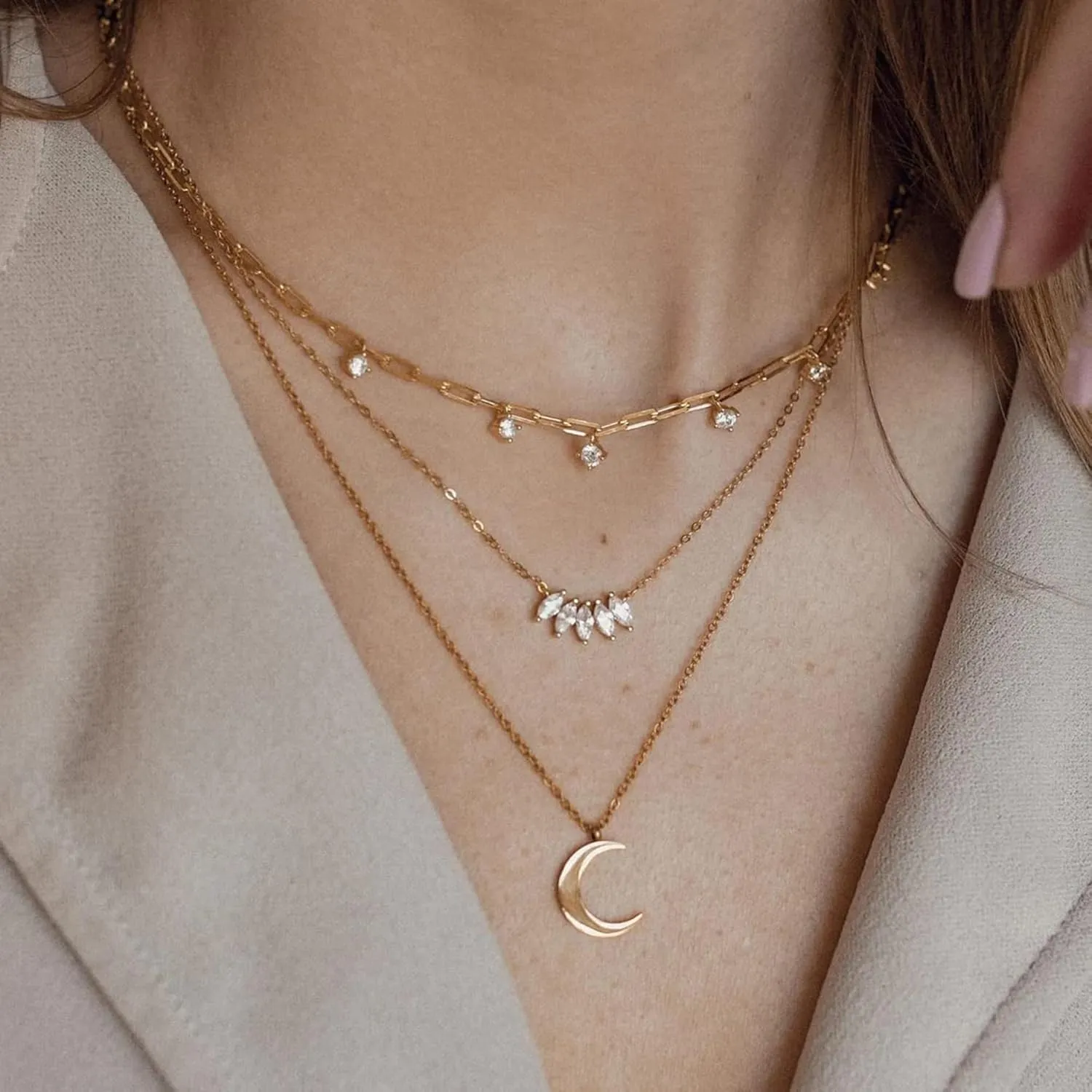 Diamond Necklaces for Women Dainty Leaf Necklace 14k Gold Plated Layered CZ Moon Necklace Simple Diamond Choker Necklaces for Women Trendy Jewelry Gifts