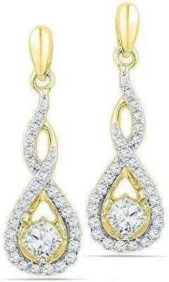Divine Creation 3.00Ct Round Diamond Solitaire Teardrop Frame Dangle Earrings 14K Yellow Gold Plated 925 Sterling Silver