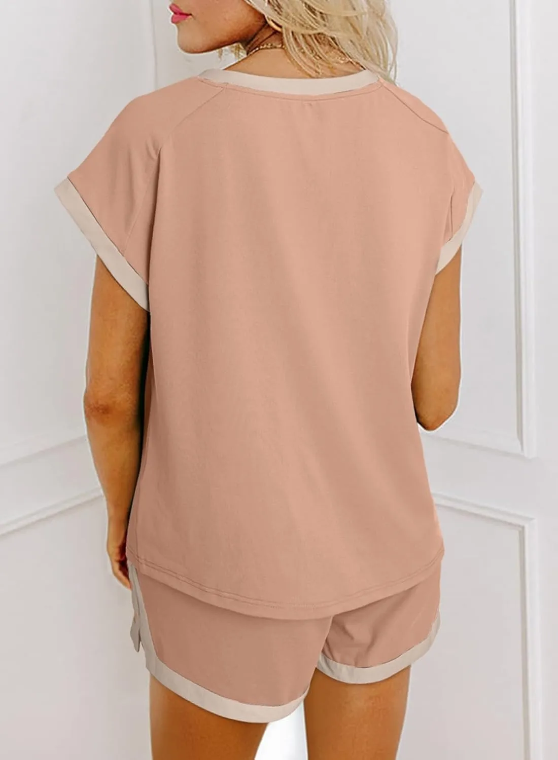 Dokotoo Women's 2 Piece Outfits Casual Colorblock Short Sleeve Pullover Tops and Drawstring Shorts Pants Lounge Sets