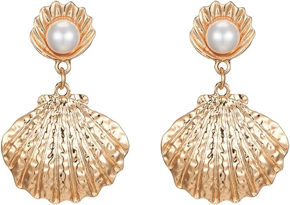 Doubnine Sea Shell Charm Cowrie Earrings Dangle Golden Mermaid Earrings Scallop Beach Retro Chic Women Ocean Jewelry