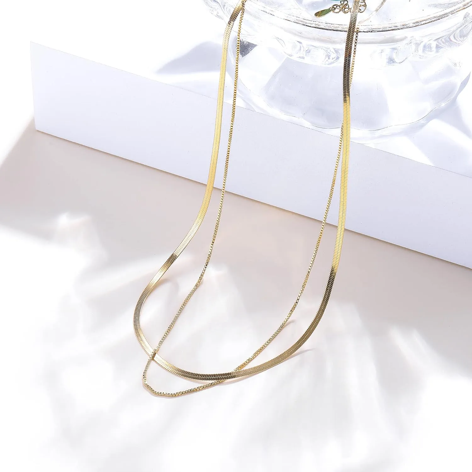 DOUX Pendant Layering Necklace for Women Green/Gold/Moon Star/Coin/CZ Pendant- Premium Brass Material, Thickened 18k Gold Filled, Snake Chain Lobster Clasp