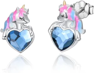 Dreamboat Sterling Silver Unicorn Earrings for Women Blue Heart Crystal Earrings Stud Earrings Cute Animal Earrings Lucky Unicorn Jewelry Gifts