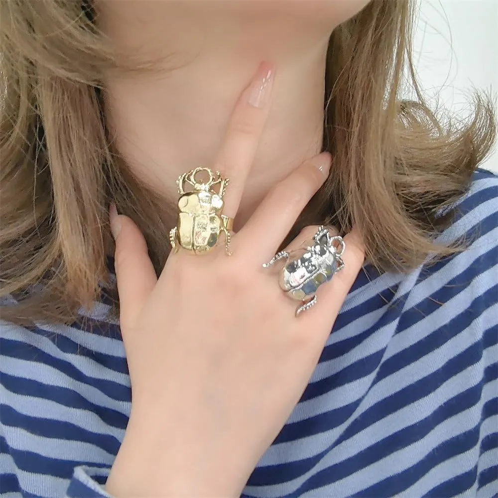 Dtja Vintage Beetle Insect Statement Ring for Women Men Adjustable Expandable Pest Moth Animal Halloween Wide Wrap Band Rings Comfort Fit Creative Holiday Jewelry