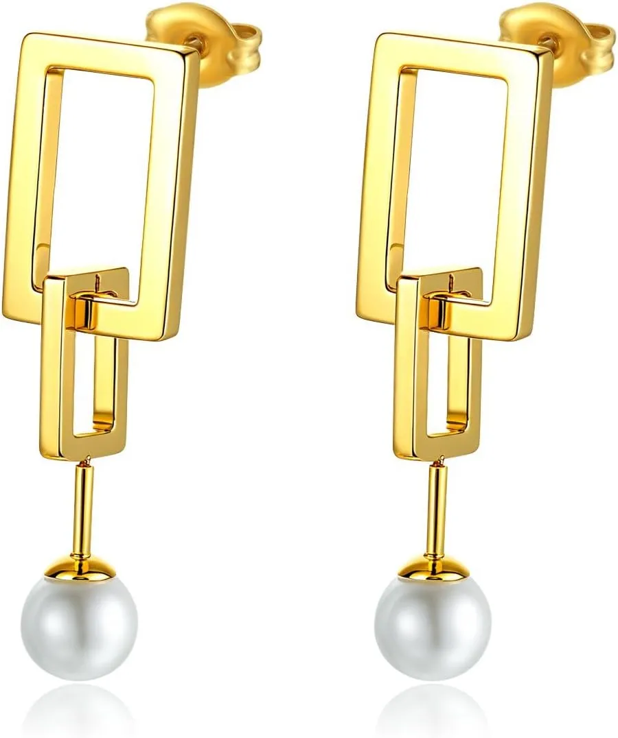 Duo Rectangle Pearl Earrings by Kylie Yang  304 Stainless Steel, 14k Gold-Plated, Minimalist Geometric Drop Earrings, Pearl Accent