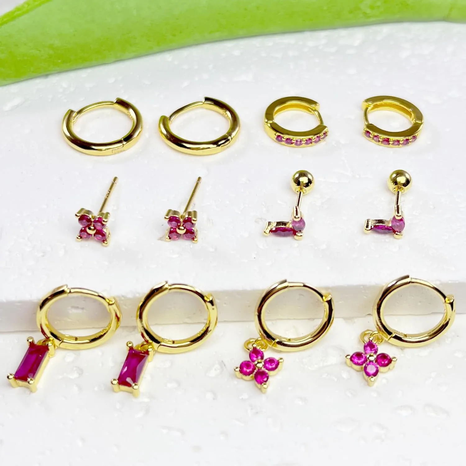 Earring Sets for Multiple Piercing Small Gold Earring Stack 14K Gold/Silver Plated Huggie Hoop Earrings for Women Hypoallergenic Cartilage Stud Gold and Green Earring Set