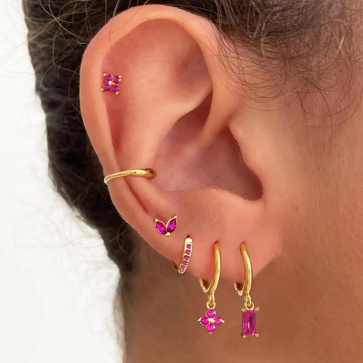 Earring Sets for Multiple Piercing Small Gold Earring Stack 14K Gold/Silver Plated Huggie Hoop Earrings for Women Hypoallergenic Cartilage Stud Gold and Green Earring Set