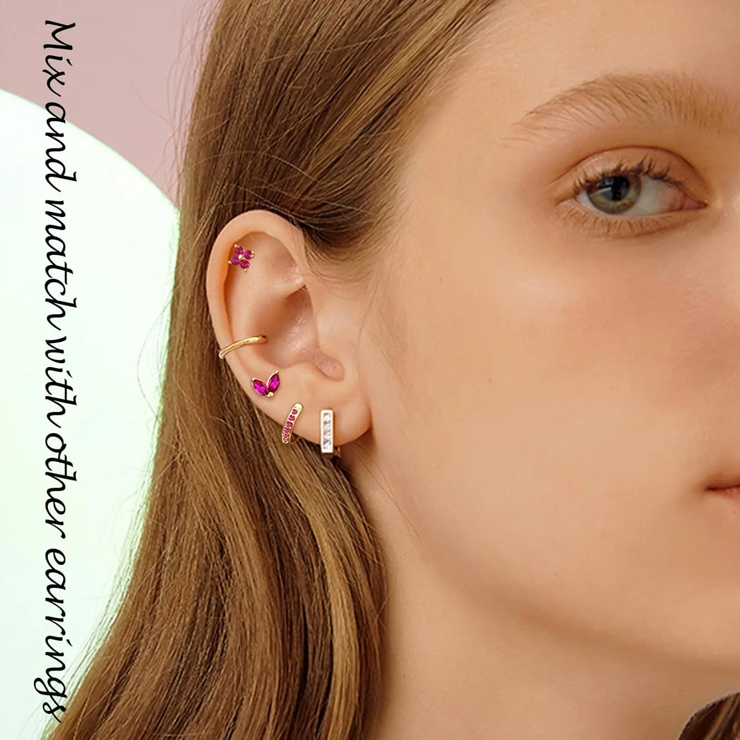 Earring Sets for Multiple Piercing Small Gold Earring Stack 14K Gold/Silver Plated Huggie Hoop Earrings for Women Hypoallergenic Cartilage Stud Gold and Green Earring Set