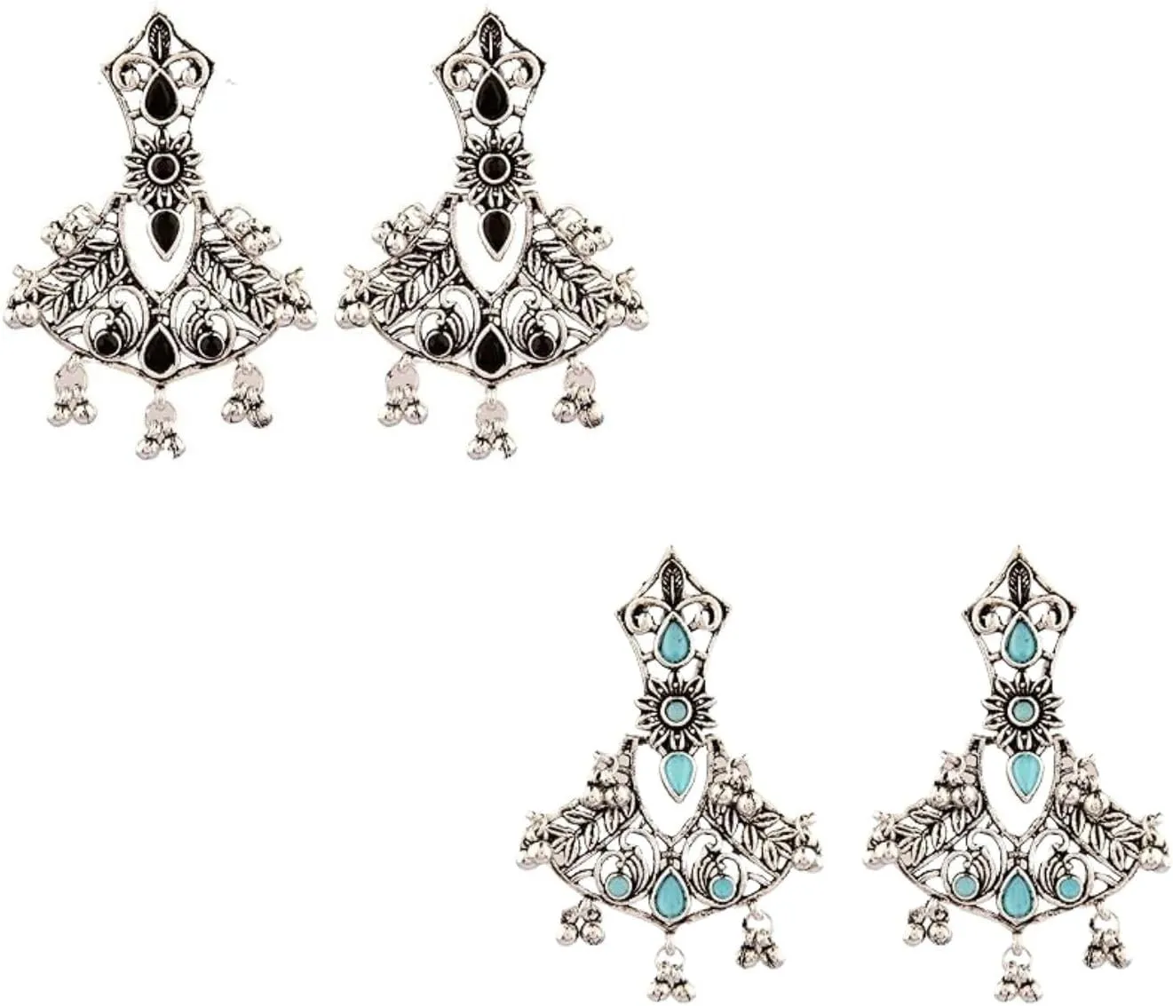 Efulgenz Antique Boho Oxidized Indian Earrings for Women Leaf Style Crystal Chandelier Oxidized Earrings Set Indian Oxidized Jewelry Bohemian Statement Jewelry Set for Women