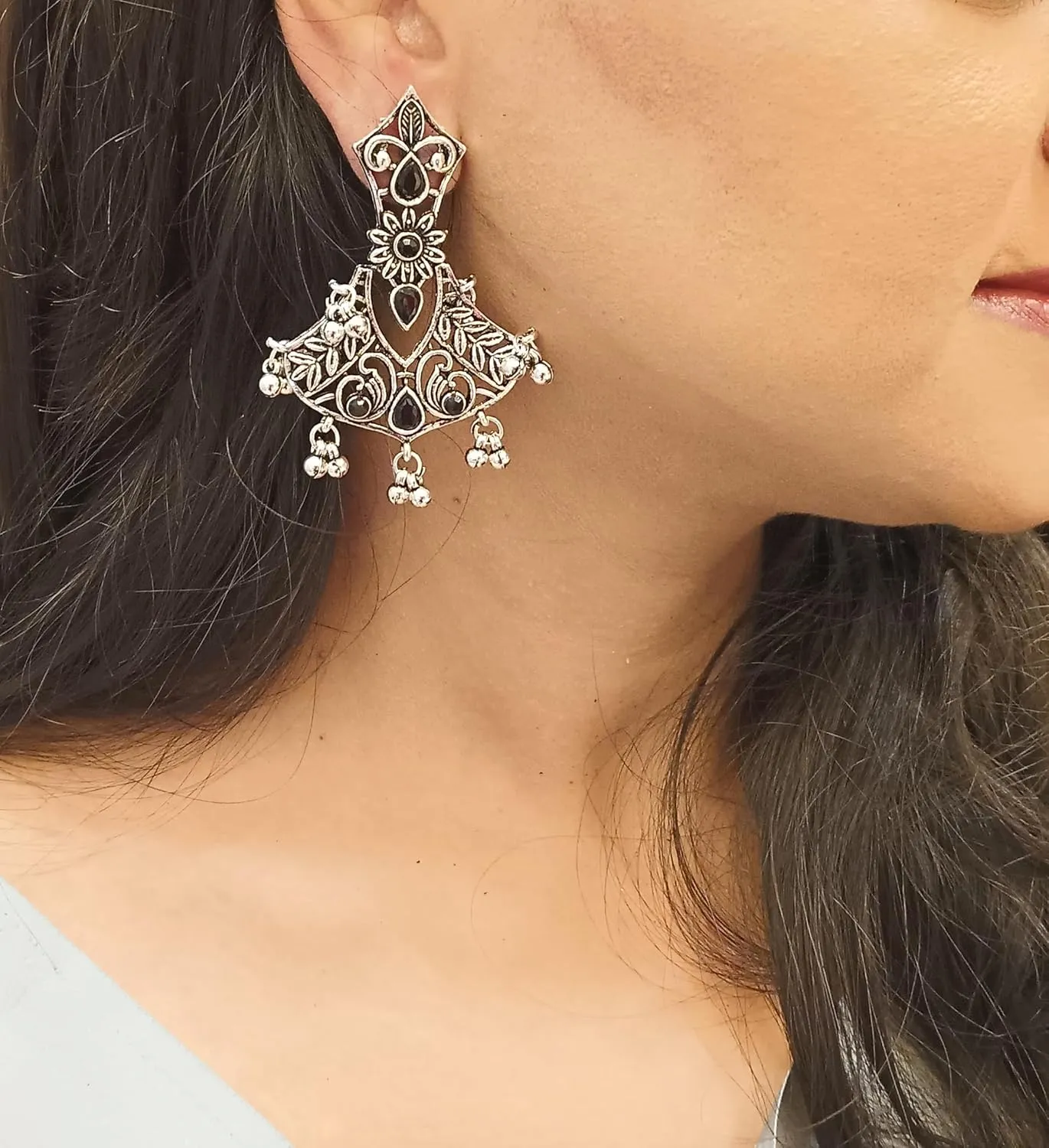 Efulgenz Antique Boho Oxidized Indian Earrings for Women Leaf Style Crystal Chandelier Oxidized Earrings Set Indian Oxidized Jewelry Bohemian Statement Jewelry Set for Women