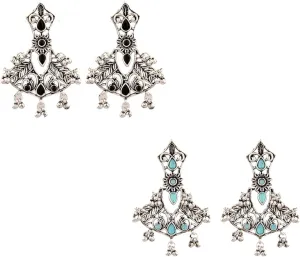 Efulgenz Antique Boho Oxidized Indian Earrings for Women Leaf Style Crystal Chandelier Oxidized Earrings Set Indian Oxidized Jewelry Bohemian Statement Jewelry Set for Women
