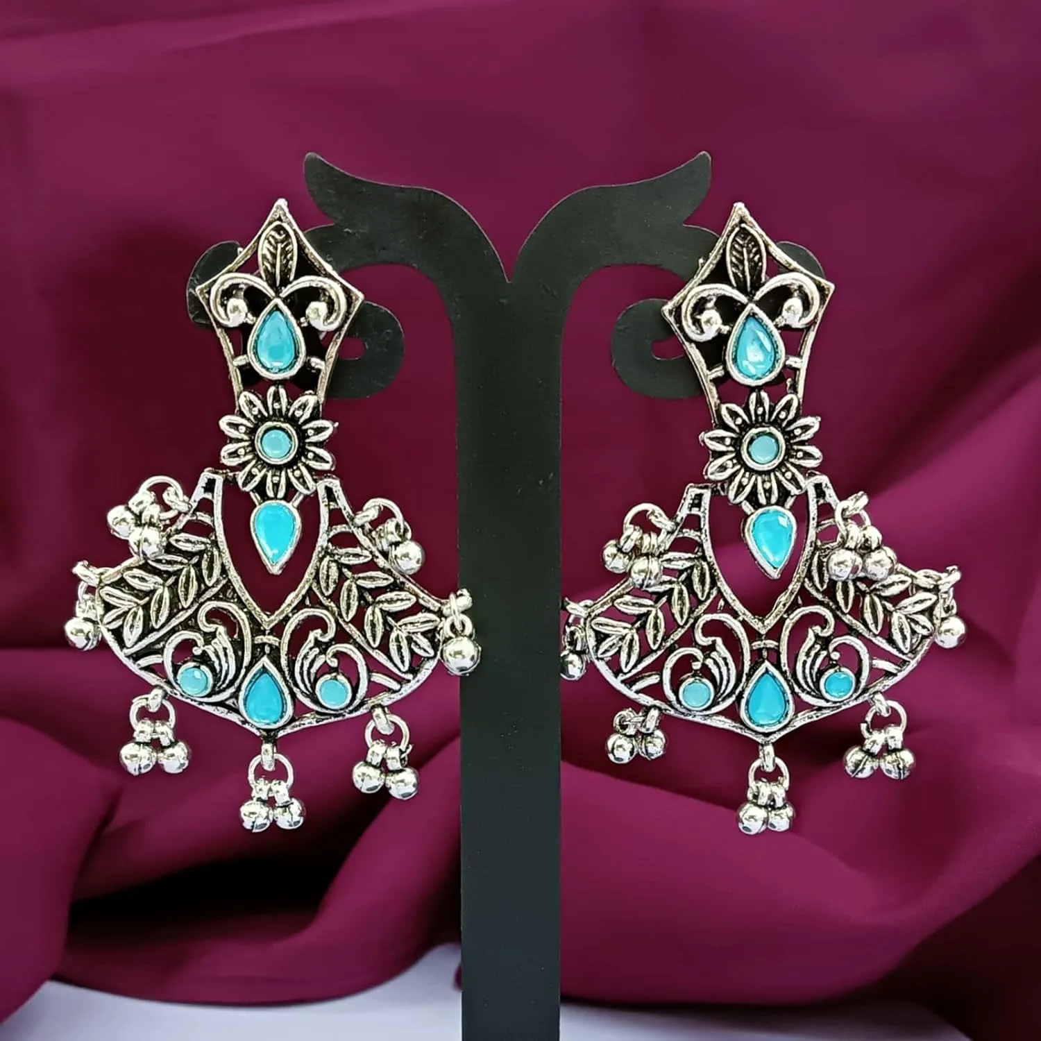Efulgenz Antique Boho Oxidized Indian Earrings for Women Leaf Style Crystal Chandelier Oxidized Earrings Set Indian Oxidized Jewelry Bohemian Statement Jewelry Set for Women