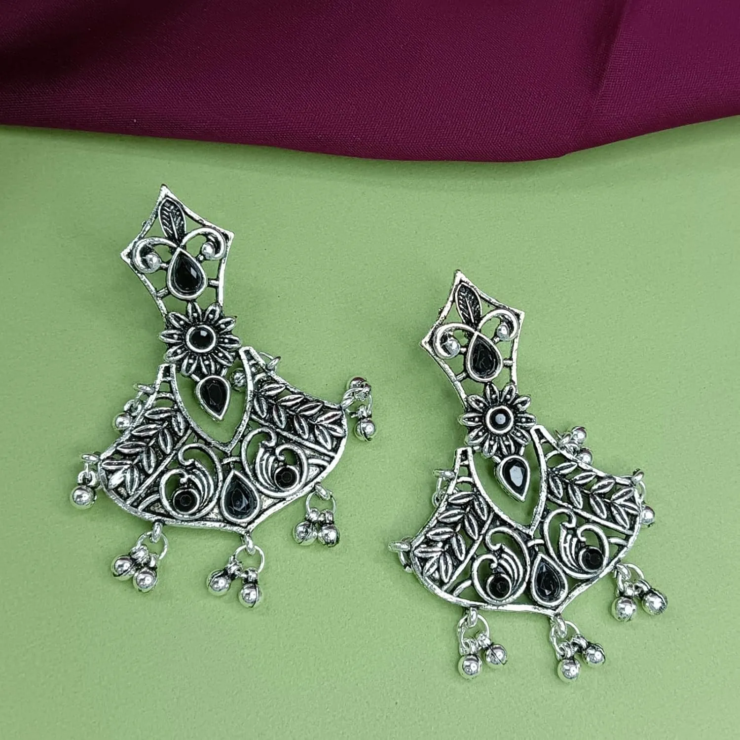 Efulgenz Antique Boho Oxidized Indian Earrings for Women Leaf Style Crystal Chandelier Oxidized Earrings Set Indian Oxidized Jewelry Bohemian Statement Jewelry Set for Women