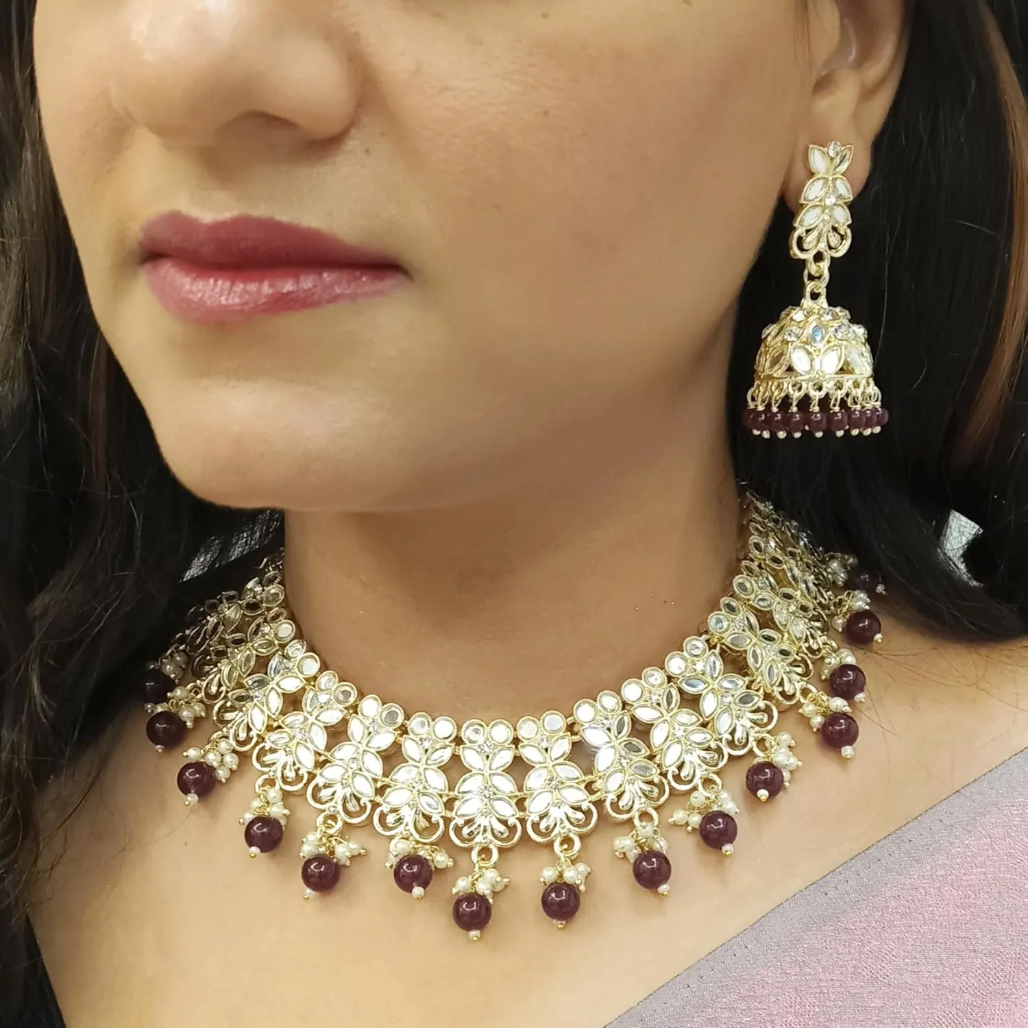 Efulgenz Crystal Choker Indian Jewelry Set Faux Kundan Pearl Crystal Stone Necklace Dangle Earrings Maang Tikka Head Chain Bollywood Wedding Bridal Jewelry for Women