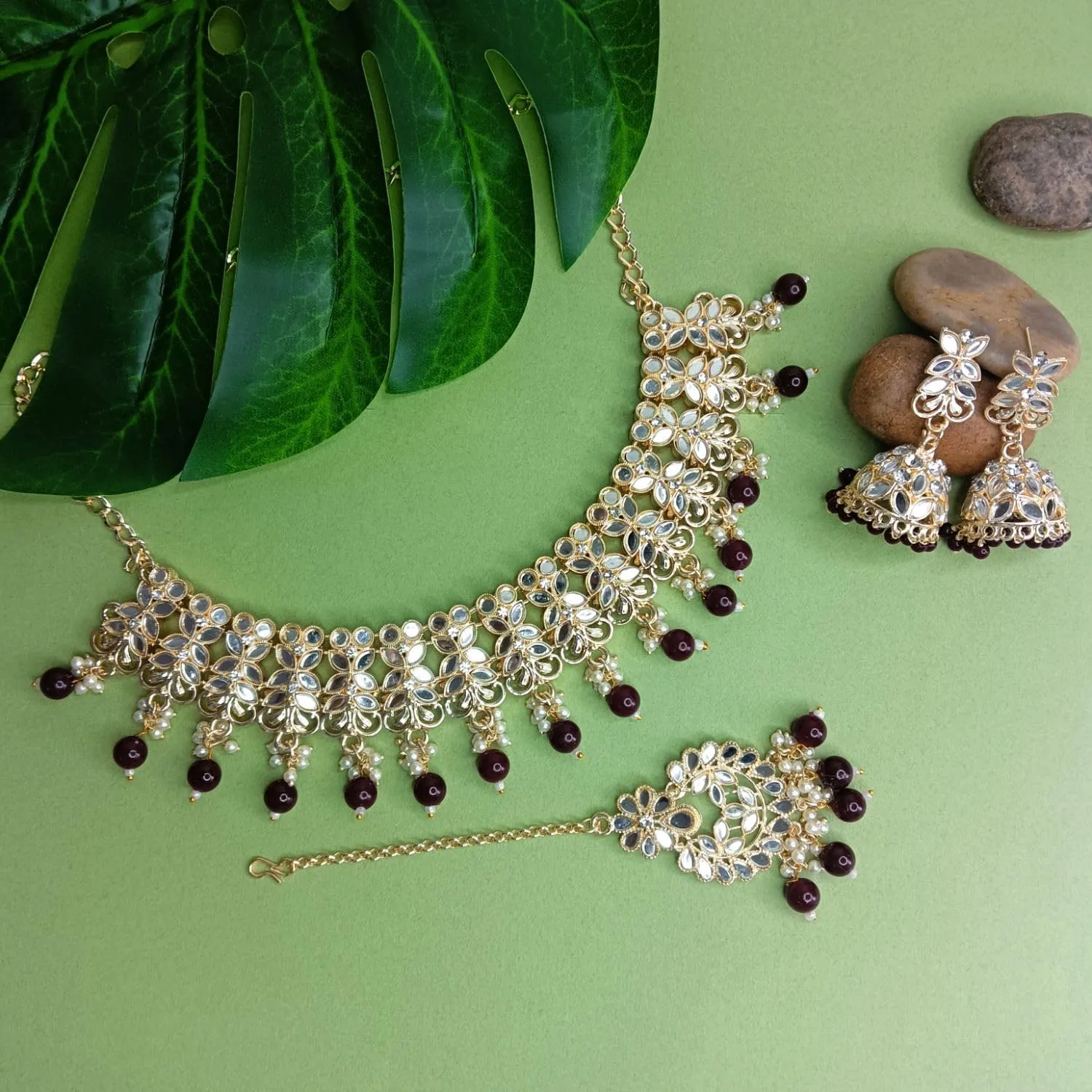 Efulgenz Crystal Choker Indian Jewelry Set Faux Kundan Pearl Crystal Stone Necklace Dangle Earrings Maang Tikka Head Chain Bollywood Wedding Bridal Jewelry for Women