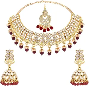 Efulgenz Crystal Choker Indian Jewelry Set Faux Kundan Pearl Crystal Stone Necklace Dangle Earrings Maang Tikka Head Chain Bollywood Wedding Bridal Jewelry for Women