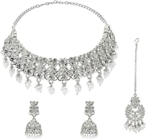 Efulgenz Crystal Choker Indian Jewelry Set Faux Kundan Pearl Crystal Stone Necklace Dangle Earrings Maang Tikka Head Chain Bollywood Wedding Bridal Jewelry for Women
