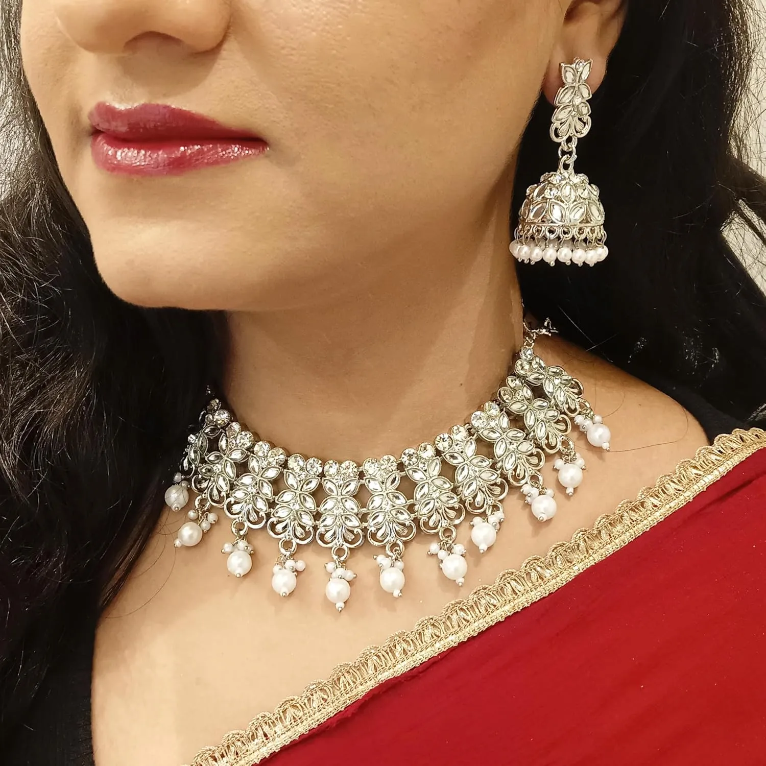 Efulgenz Crystal Choker Indian Jewelry Set Faux Kundan Pearl Crystal Stone Necklace Dangle Earrings Maang Tikka Head Chain Bollywood Wedding Bridal Jewelry for Women