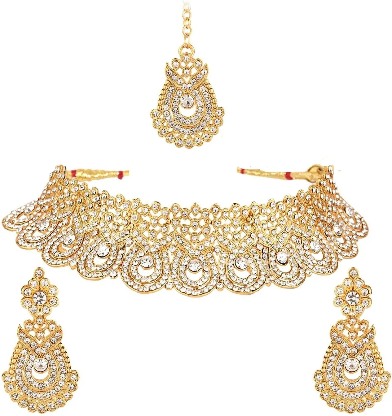 Efulgenz Crystal Indian Jewelry Set Rhinestone Crystal Choker Necklace Earrings Maang Tikka Set Wedding Bollywood Bridal Jewelry Set for Women