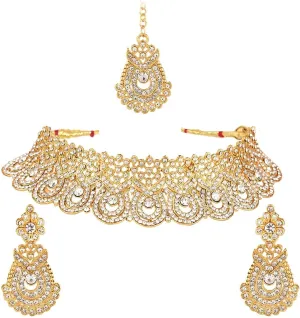 Efulgenz Crystal Indian Jewelry Set Rhinestone Crystal Choker Necklace Earrings Maang Tikka Set Wedding Bollywood Bridal Jewelry Set for Women
