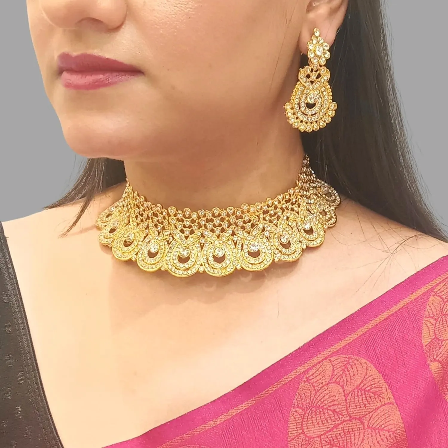 Efulgenz Crystal Indian Jewelry Set Rhinestone Crystal Choker Necklace Earrings Maang Tikka Set Wedding Bollywood Bridal Jewelry Set for Women