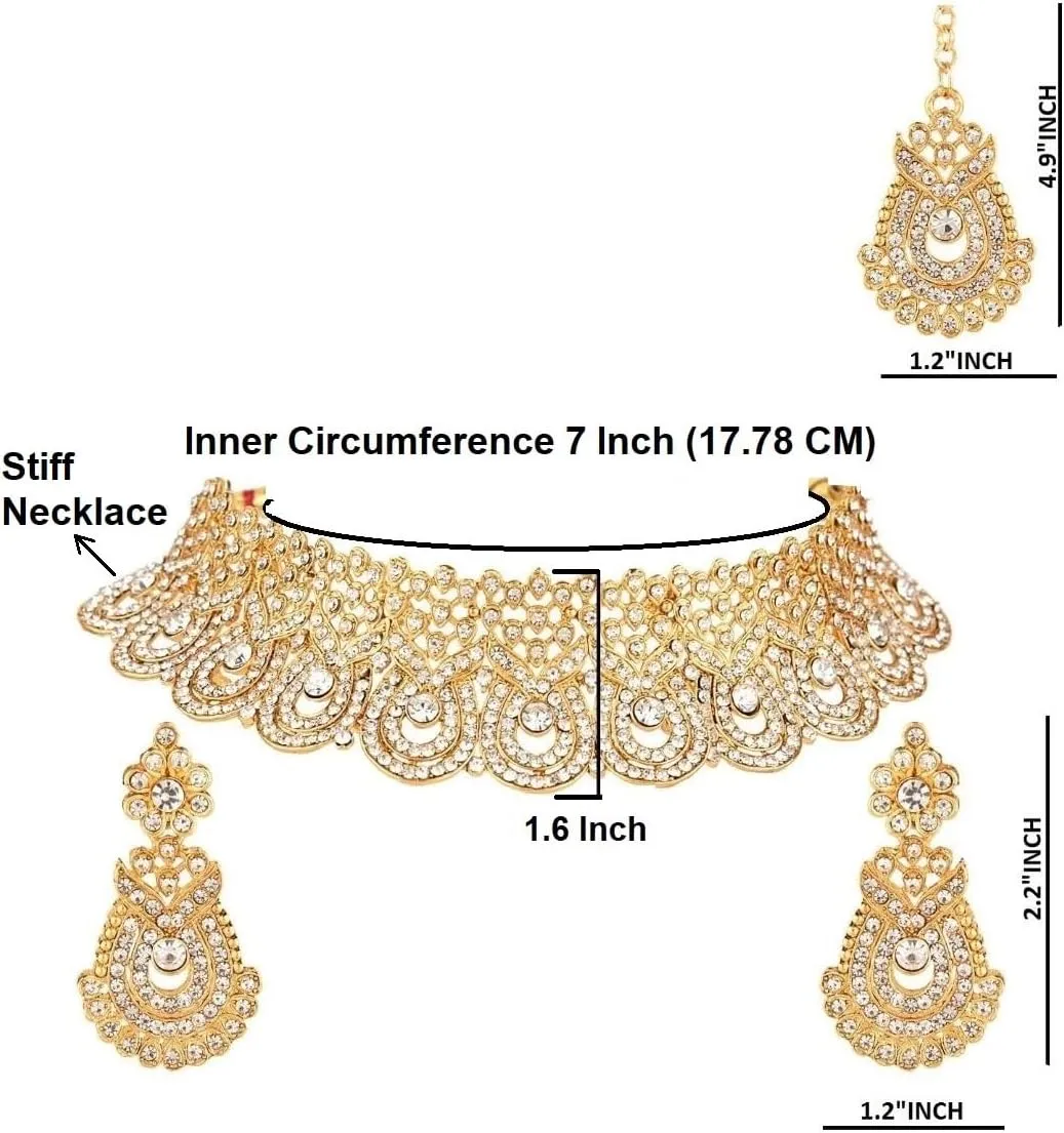 Efulgenz Crystal Indian Jewelry Set Rhinestone Crystal Choker Necklace Earrings Maang Tikka Set Wedding Bollywood Bridal Jewelry Set for Women