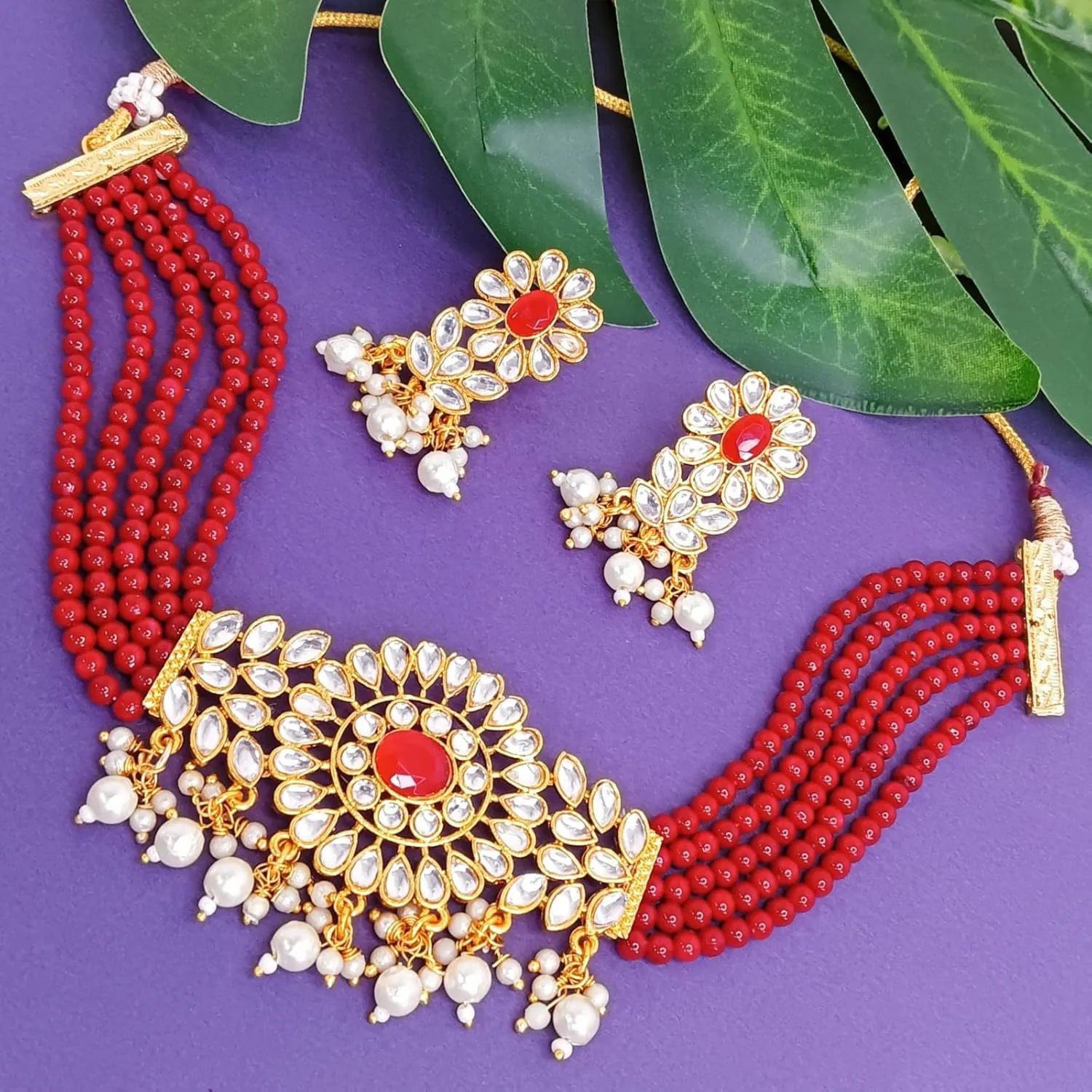 Efulgenz Faux Pearl Beaded Choker Necklace Earrings Kundan Crystal Bridal JewelleryPeach Color Multi Layered Necklace Dangle Earrings Wedding Indian JewellerySet for Women