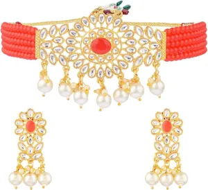Efulgenz Faux Pearl Beaded Choker Necklace Earrings Kundan Crystal Bridal JewelleryPeach Color Multi Layered Necklace Dangle Earrings Wedding Indian JewellerySet for Women