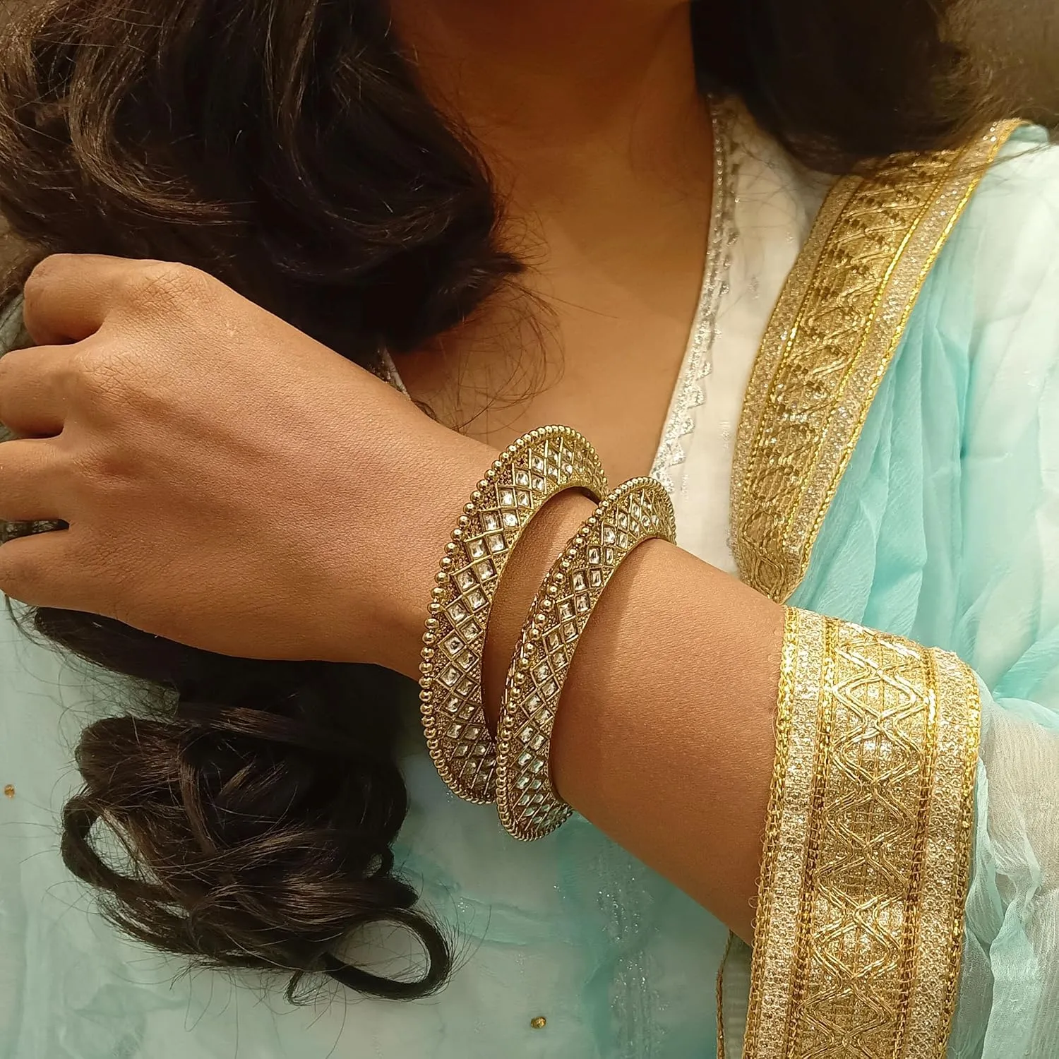 Efulgenz Indian Bangle Set Bollywood Traditional Gold Tone Kundan Wedding Bracelet Bangle Jewelry for Women (2 Pcs)