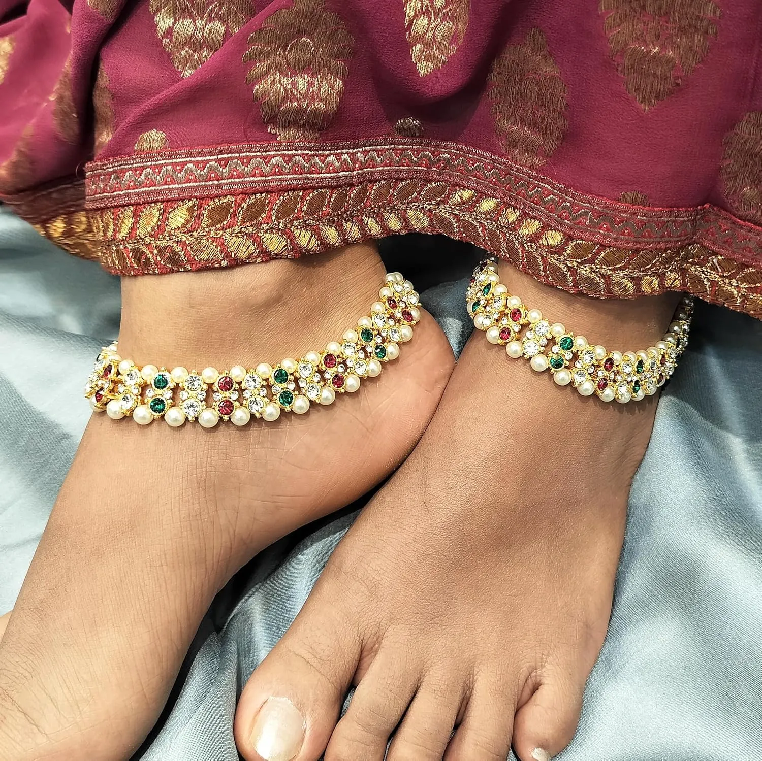Efulgenz Indian Bridal Anklet Bollywood Crystal Faux Pearl Wedding Bridal Jhanjara Anklet Pair Bells Bracelet Payal Foot Jewelry for Women