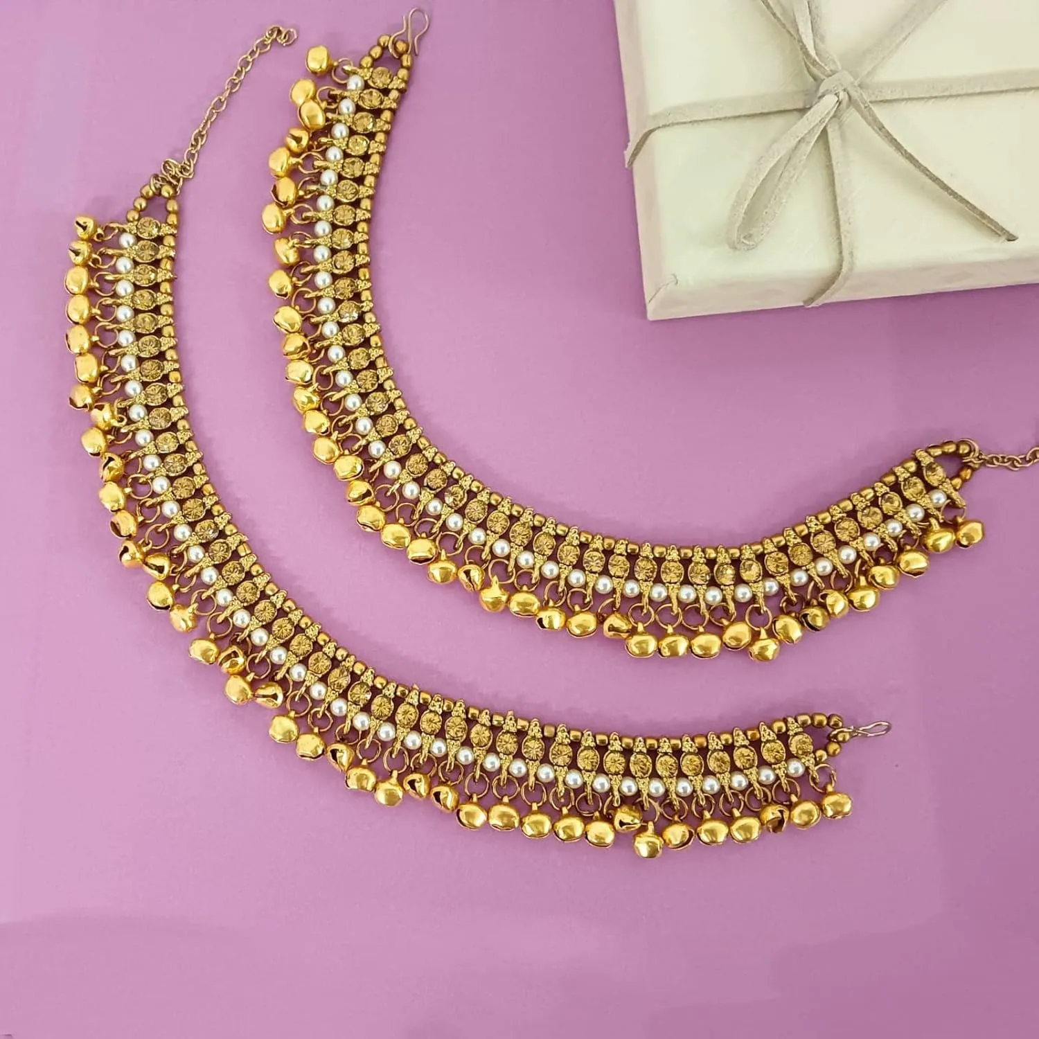 Efulgenz Indian Bridal Anklets for Women - Ghungroo Jhanjara Bollywood Anklet Set With Crystal Faux Kundan Pearl - Bell Ankle Bracelets
