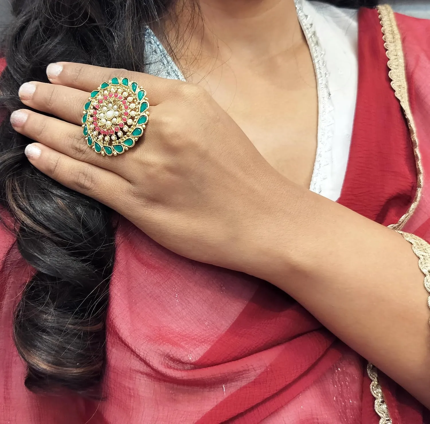 Efulgenz Indian Jewelry Rings for Women Antique Round Faux Pearl Crystal Bollywood Adjustable Big Finger Ring Fashion Party Statement Jewelry for Women
