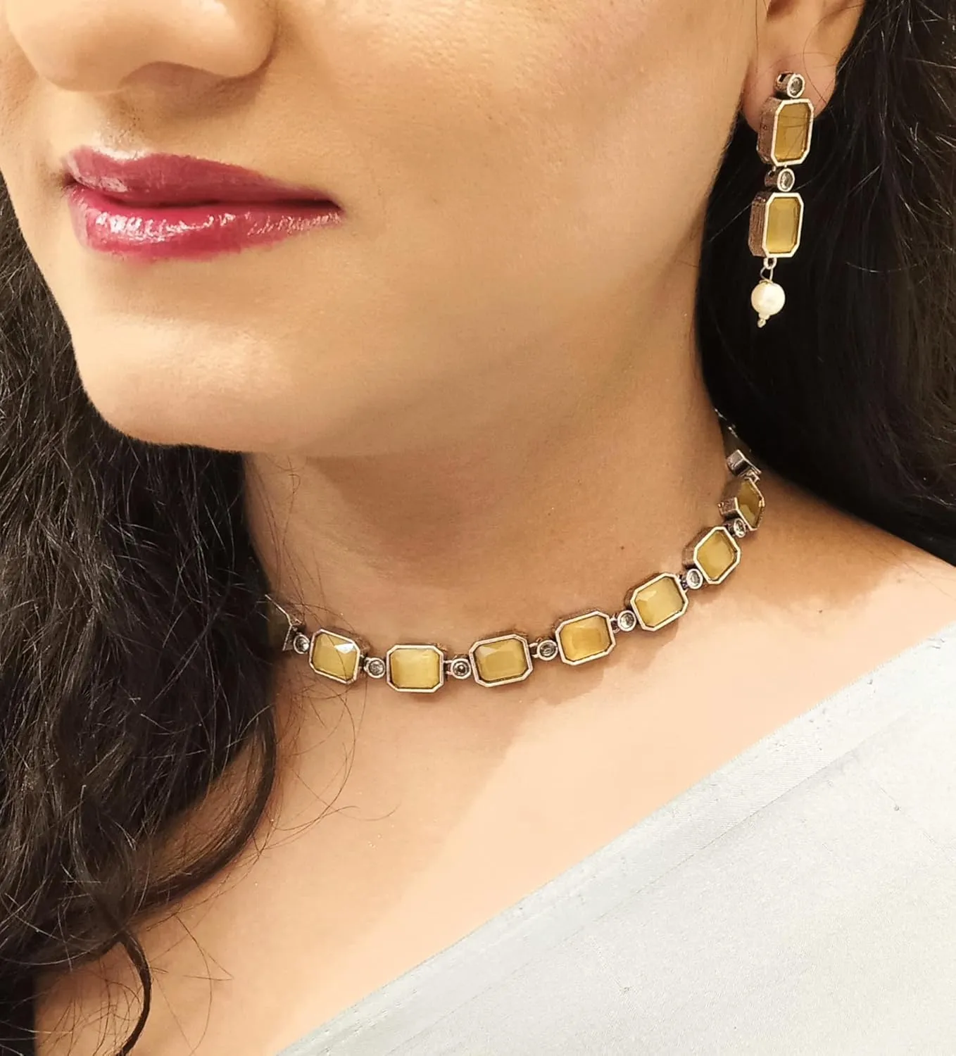 Efulgenz Indian Jewelry Sets for Women Bohemian Jewelry Set for Women Square Crystal Stone Necklace Sets with Dangle Earrings Choker Necklace Earrings Set