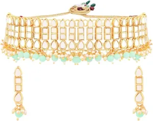 Efulgenz Indian Jewelry Sets for Women Choker Necklace Dangle Earrings Set Indian Bridal Jewelry Set for Wedding Floral Glass Stone Faux Pearl Necklace Dangle Earrings Fashion Bollywood Jewelry