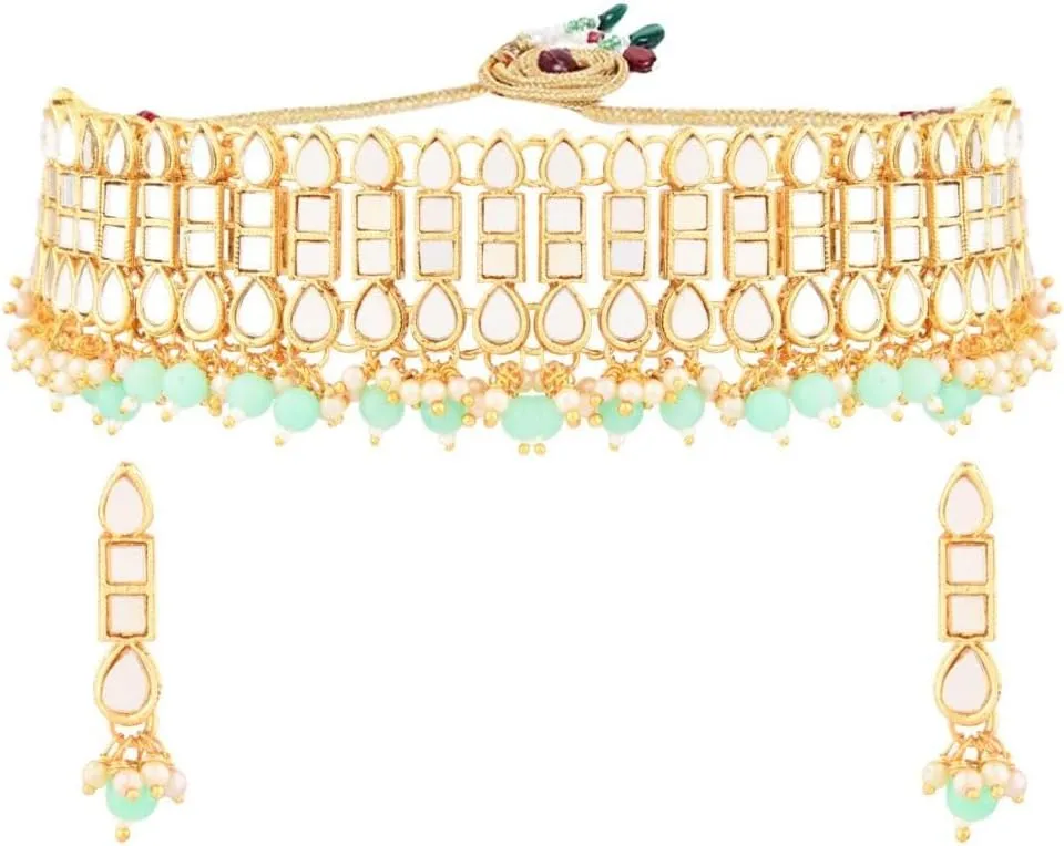 Efulgenz Indian Jewelry Sets for Women Choker Necklace Dangle Earrings Set Indian Bridal Jewelry Set for Wedding Floral Glass Stone Faux Pearl Necklace Dangle Earrings Fashion Bollywood Jewelry