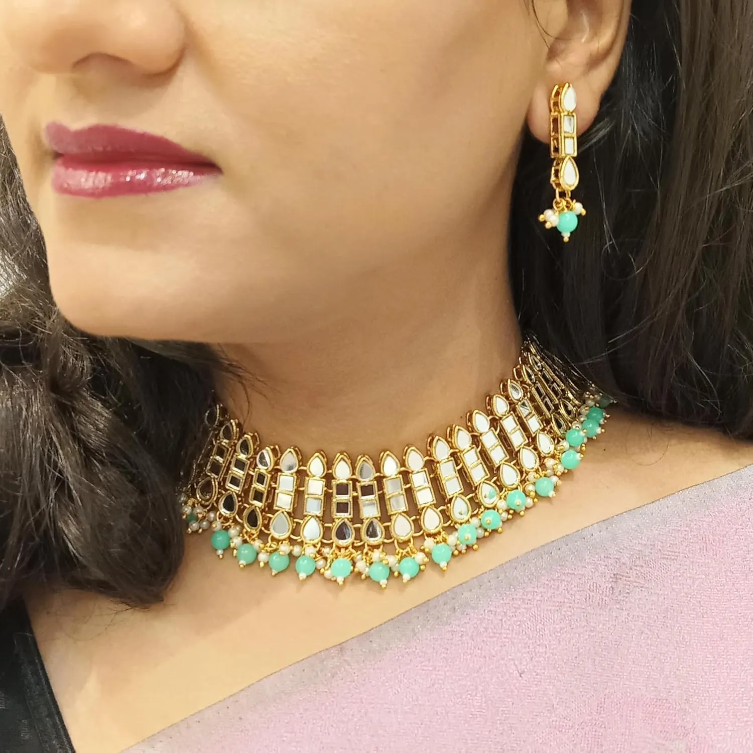Efulgenz Indian Jewelry Sets for Women Choker Necklace Dangle Earrings Set Indian Bridal Jewelry Set for Wedding Floral Glass Stone Faux Pearl Necklace Dangle Earrings Fashion Bollywood Jewelry