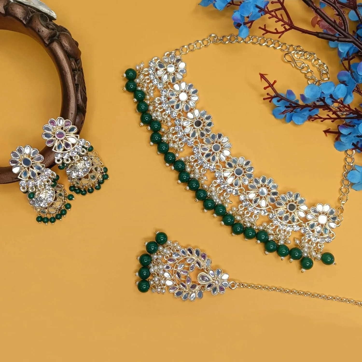 Efulgenz Indian Jewelry Sets for Women Crystal Kundan Choker Faux Pearl Necklace Jhumka Earrings Maang Tikka Head Chain Bollywood Wedding Bridal Jewellery for Women