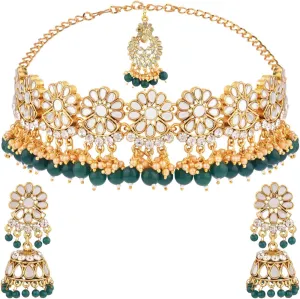 Efulgenz Indian Jewelry Sets for Women Crystal Kundan Choker Faux Pearl Necklace Jhumka Earrings Maang Tikka Head Chain Bollywood Wedding Bridal Jewellery for Women