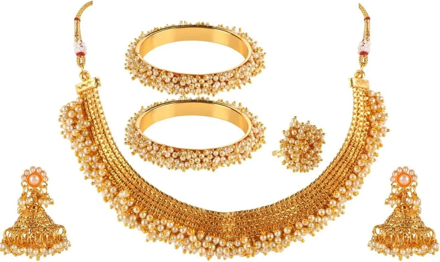 Efulgenz Indian Jewelry Sets for Women Gold Tone Pearl Choker Necklace Indian Bollywood Faux Pearl Beads Bridal Choker Necklace Earrings Bracelet Bangles Ring Jewelry Set
