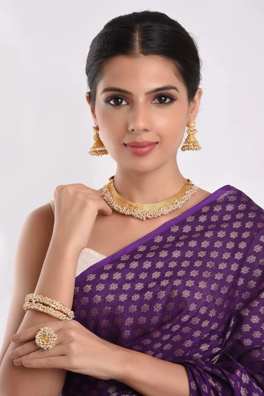 Efulgenz Indian Jewelry Sets for Women Gold Tone Pearl Choker Necklace Indian Bollywood Faux Pearl Beads Bridal Choker Necklace Earrings Bracelet Bangles Ring Jewelry Set