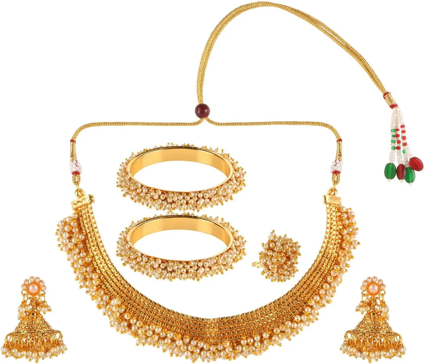 Efulgenz Indian Jewelry Sets for Women Gold Tone Pearl Choker Necklace Indian Bollywood Faux Pearl Beads Bridal Choker Necklace Earrings Bracelet Bangles Ring Jewelry Set