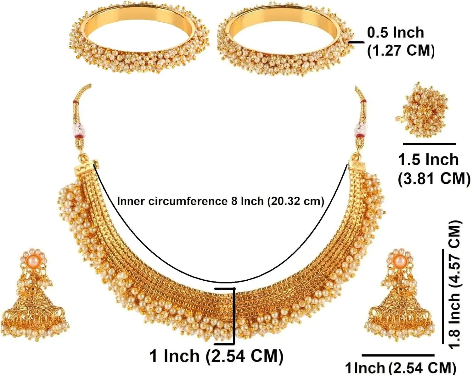 Efulgenz Indian Jewelry Sets for Women Gold Tone Pearl Choker Necklace Indian Bollywood Faux Pearl Beads Bridal Choker Necklace Earrings Bracelet Bangles Ring Jewelry Set