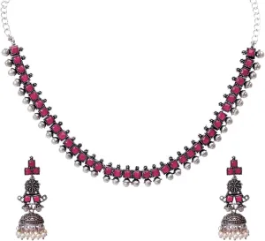 Efulgenz Indian Jewelry Sets for Women Square Crystal Stone Necklace Sets with Floral Faux Pearl Drop Jhumka Jhumki Dangle Earrings Choker Necklace Earrings Set Bohemian Jewelry Set for Women