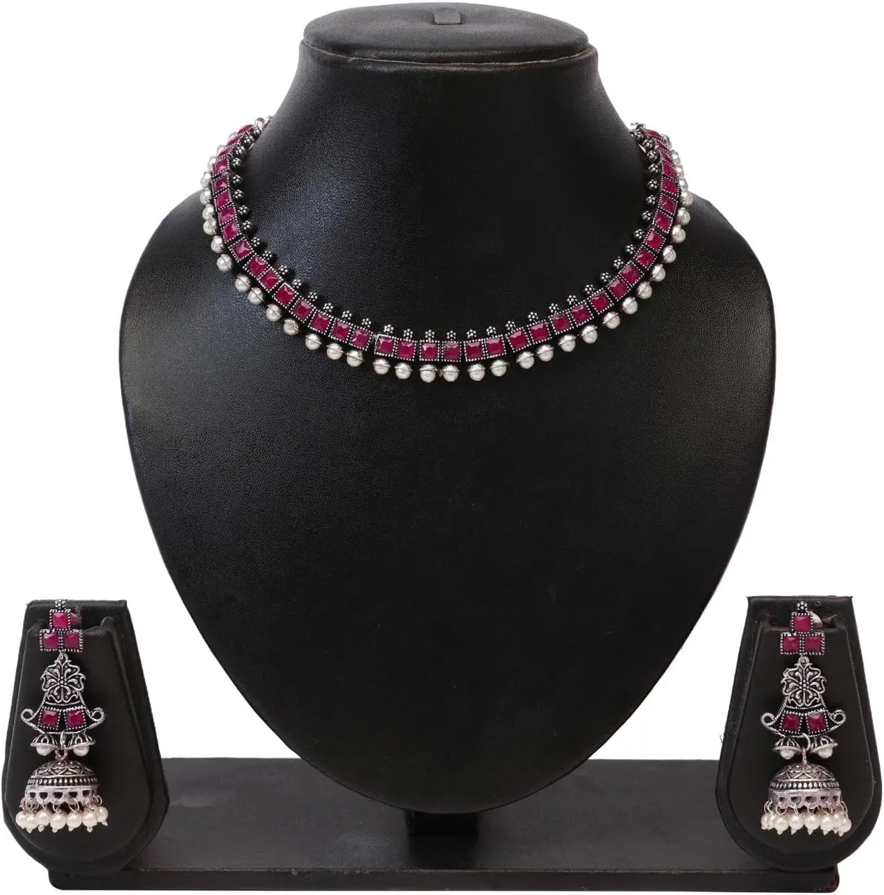 Efulgenz Indian Jewelry Sets for Women Square Crystal Stone Necklace Sets with Floral Faux Pearl Drop Jhumka Jhumki Dangle Earrings Choker Necklace Earrings Set Bohemian Jewelry Set for Women