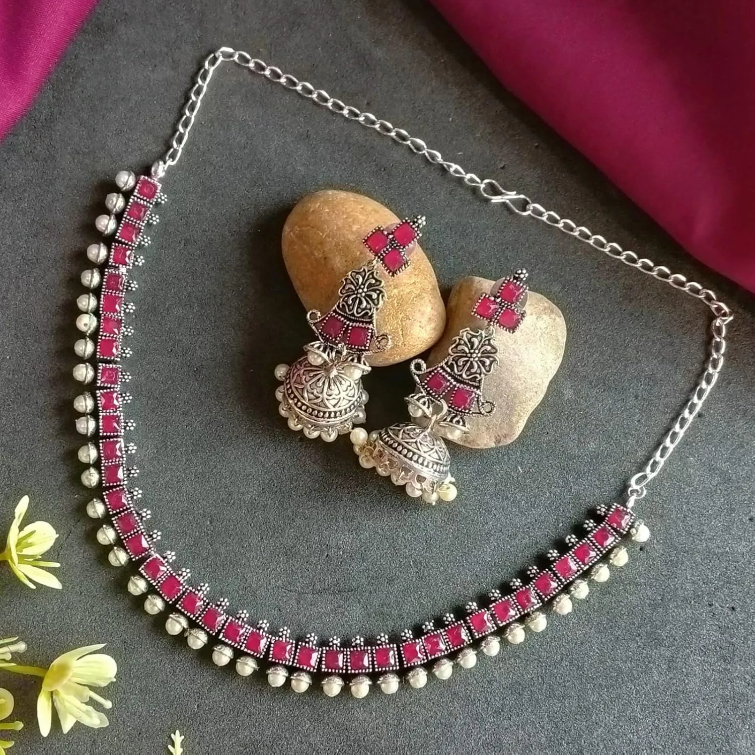 Efulgenz Indian Jewelry Sets for Women Square Crystal Stone Necklace Sets with Floral Faux Pearl Drop Jhumka Jhumki Dangle Earrings Choker Necklace Earrings Set Bohemian Jewelry Set for Women
