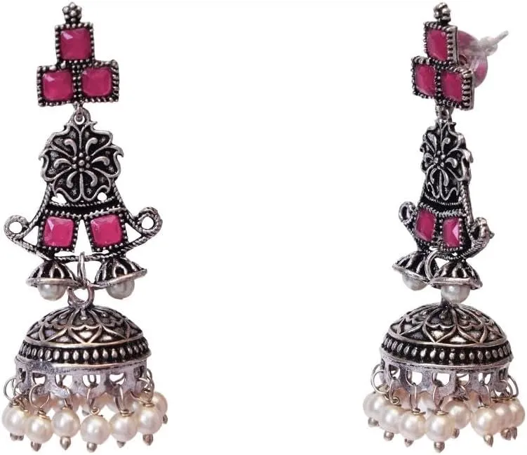 Efulgenz Indian Jewelry Sets for Women Square Crystal Stone Necklace Sets with Floral Faux Pearl Drop Jhumka Jhumki Dangle Earrings Choker Necklace Earrings Set Bohemian Jewelry Set for Women